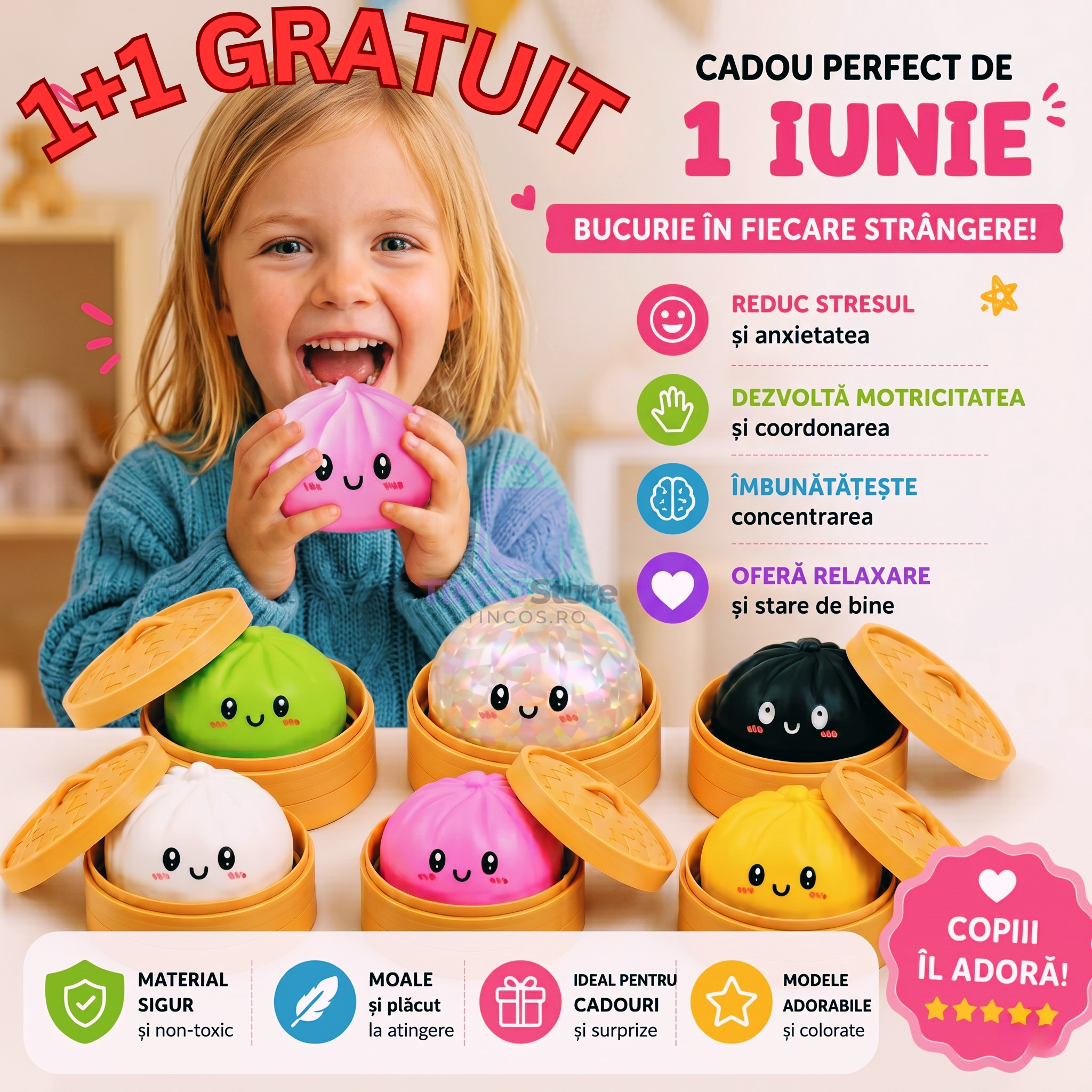 1+1 GRATUIT Jucărie antistres Squishy Dumpling 10 cm – Ultra moale, relaxantă, cu model surpriză în cutie