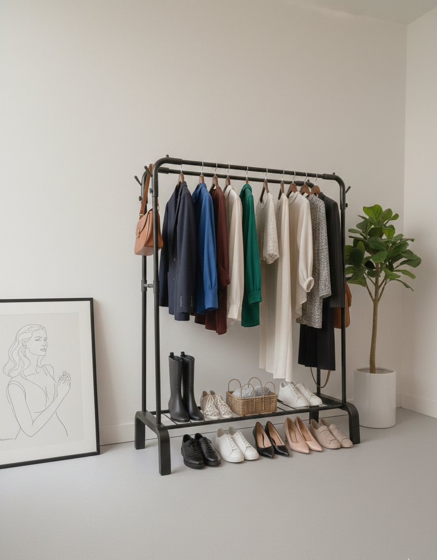 Suport dublu din metal pentru umerașe, cu suport pentru pantofi și raft de depozitare, stabil și rezistent, susține până la 70 kg, 110 × 45 × 150 cm