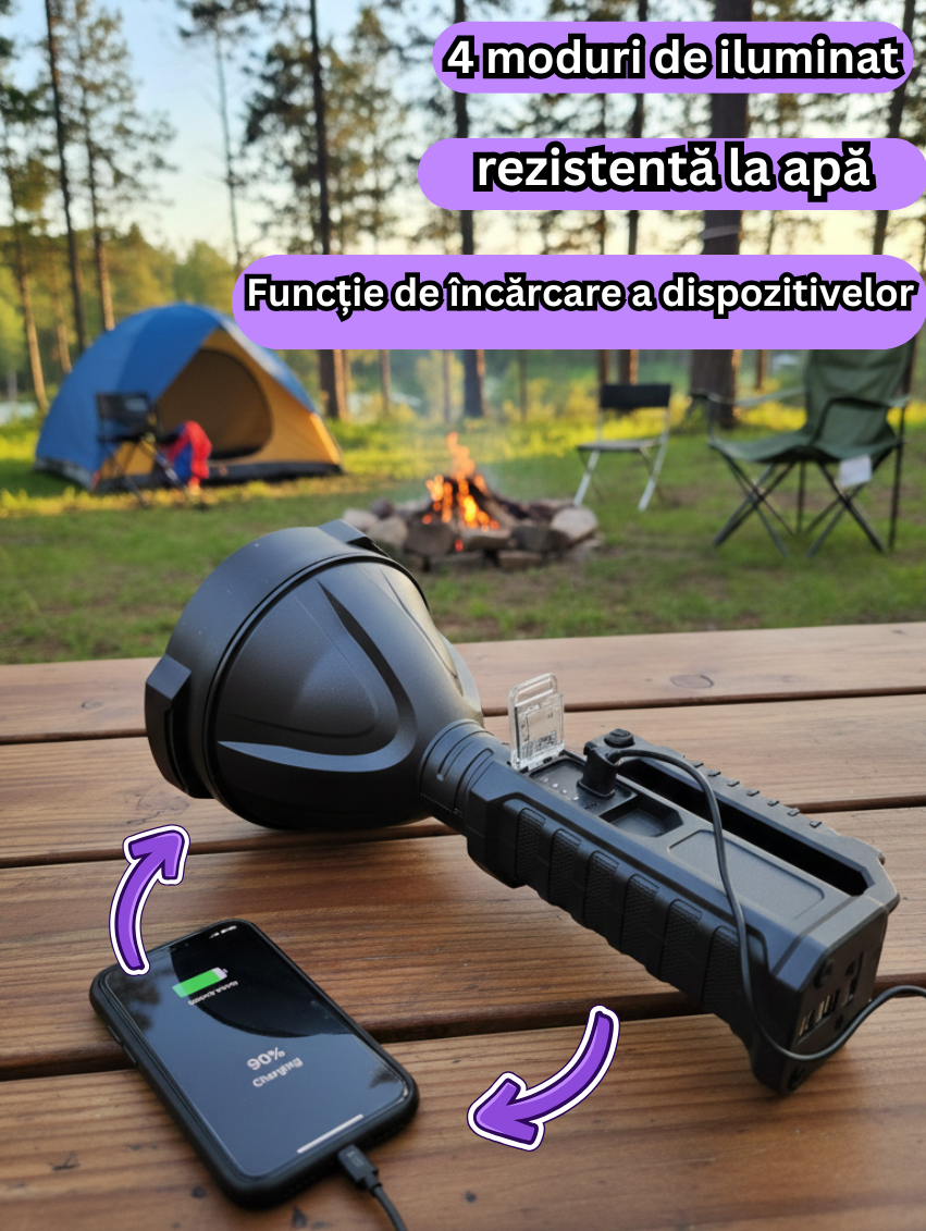 Lanternă LED modernă, reîncărcabilă, dotată cu funcție powerbank și trepied pentru utilizare practică oriunde