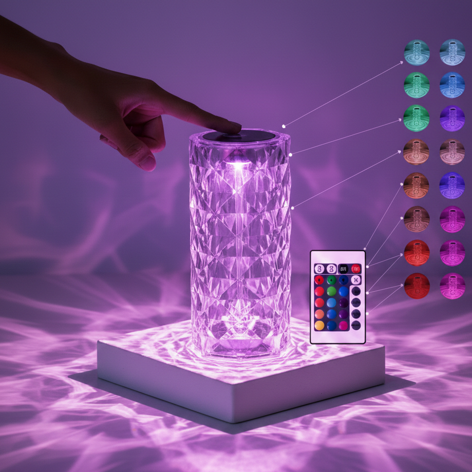 1+1 GRATUIT Lampă LED ambientală tip cristal, 16 culori, control touch și telecomandă.