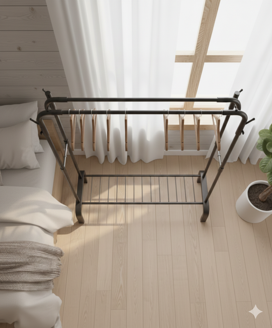 Suport dublu din metal pentru umerașe, cu suport pentru pantofi și raft de depozitare, stabil și rezistent, susține până la 70 kg, 110 × 45 × 150 cm