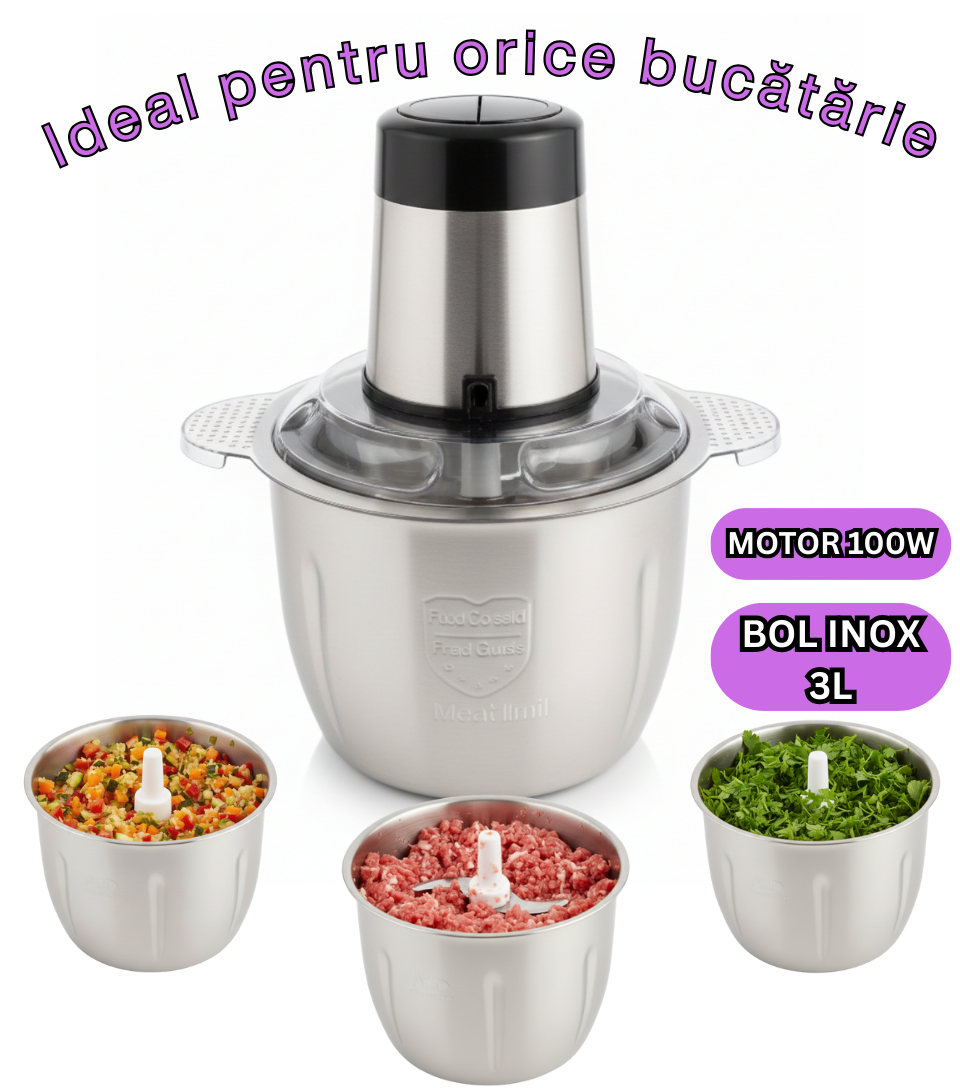 Tocător electric de 1000 W, cu bol inox de 3L și 4 lame, performanță maximă pentru carne și legume