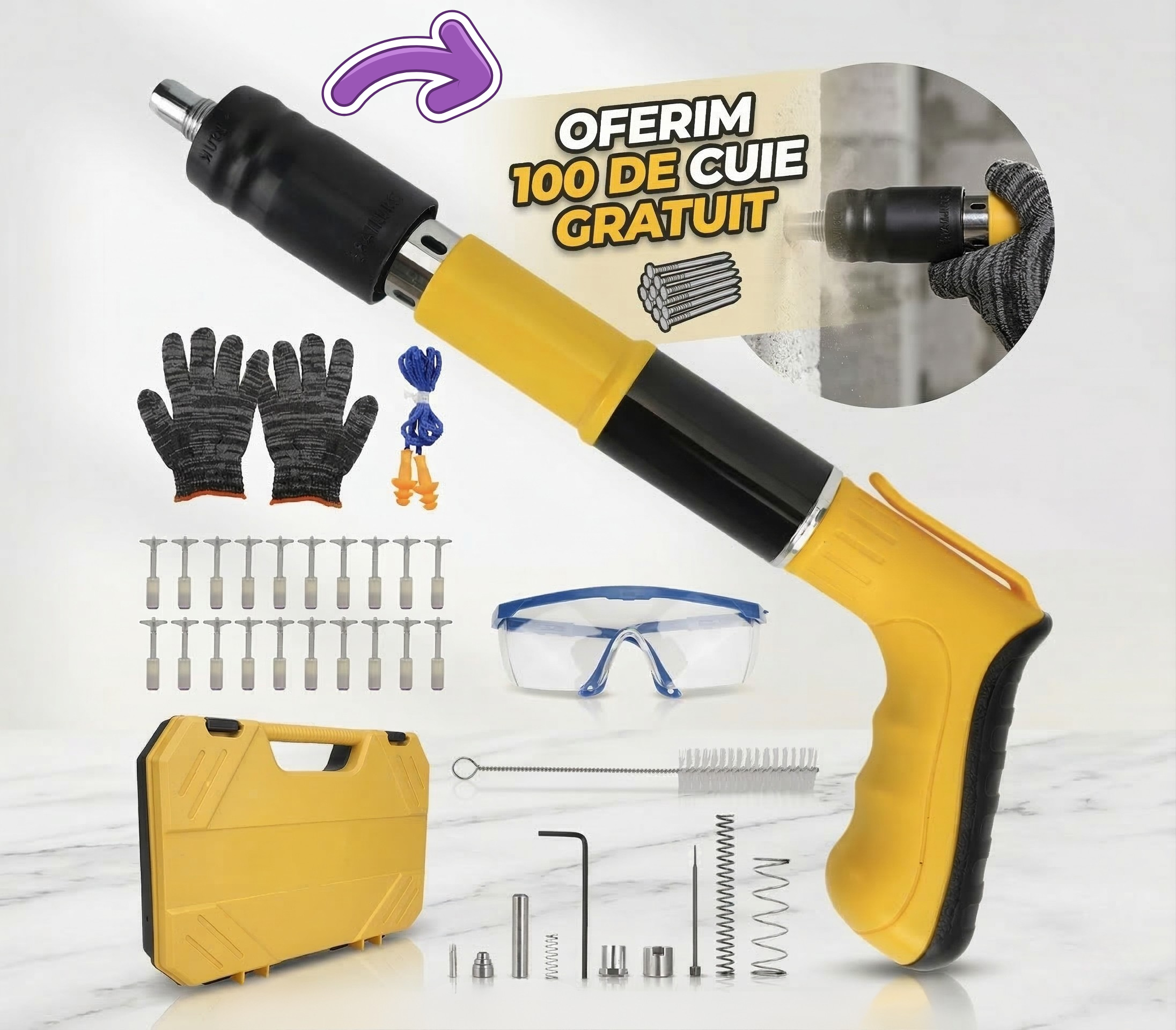Pistol manual pentru fixarea cuielor + 100 cuie CADOU în pachet