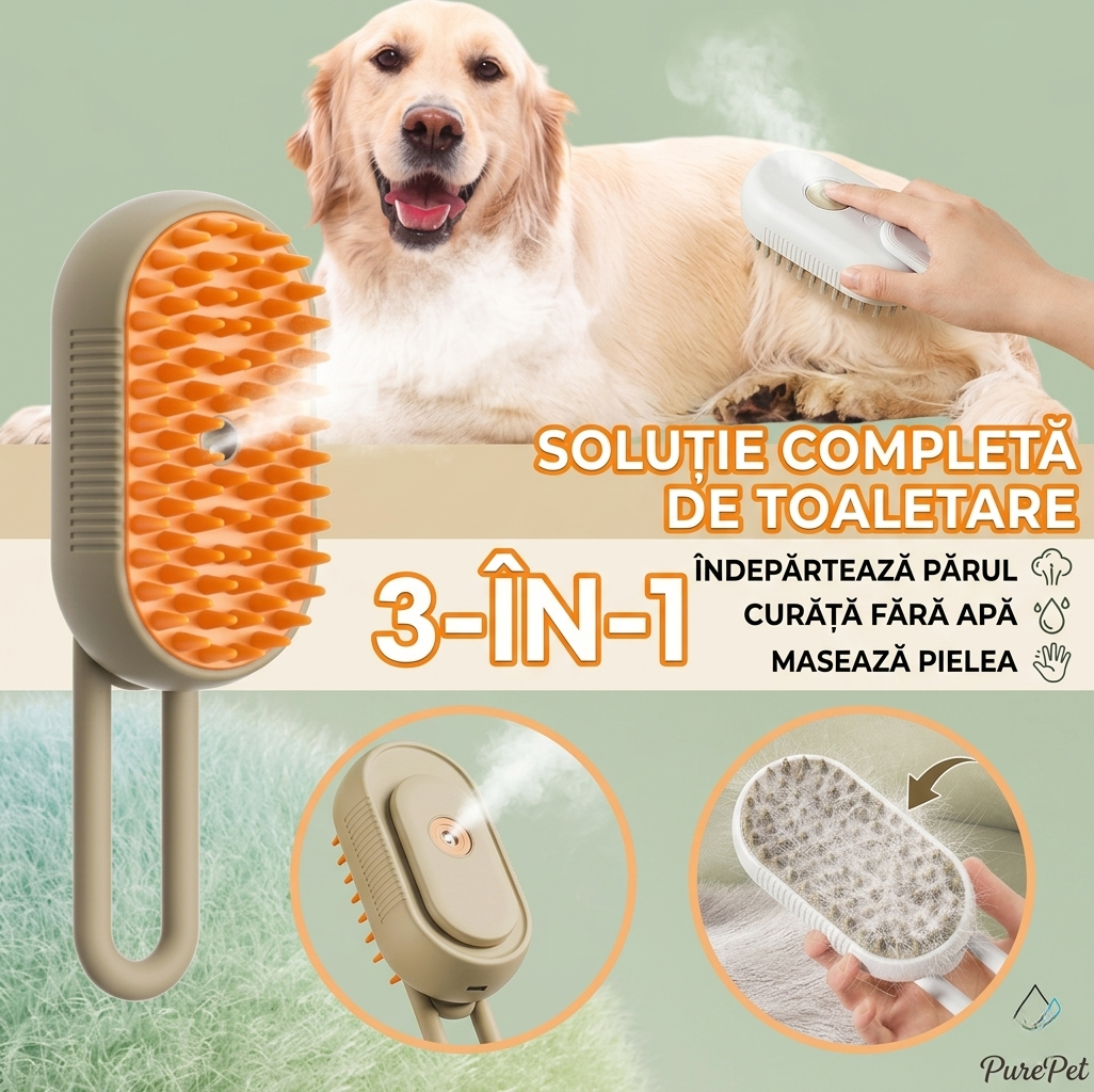 Perie cu Abur pentru Animale de Companie, Indeparteaza Parul, Curatare, Incarcare USB-C, Maner Rotativ 360 Grade