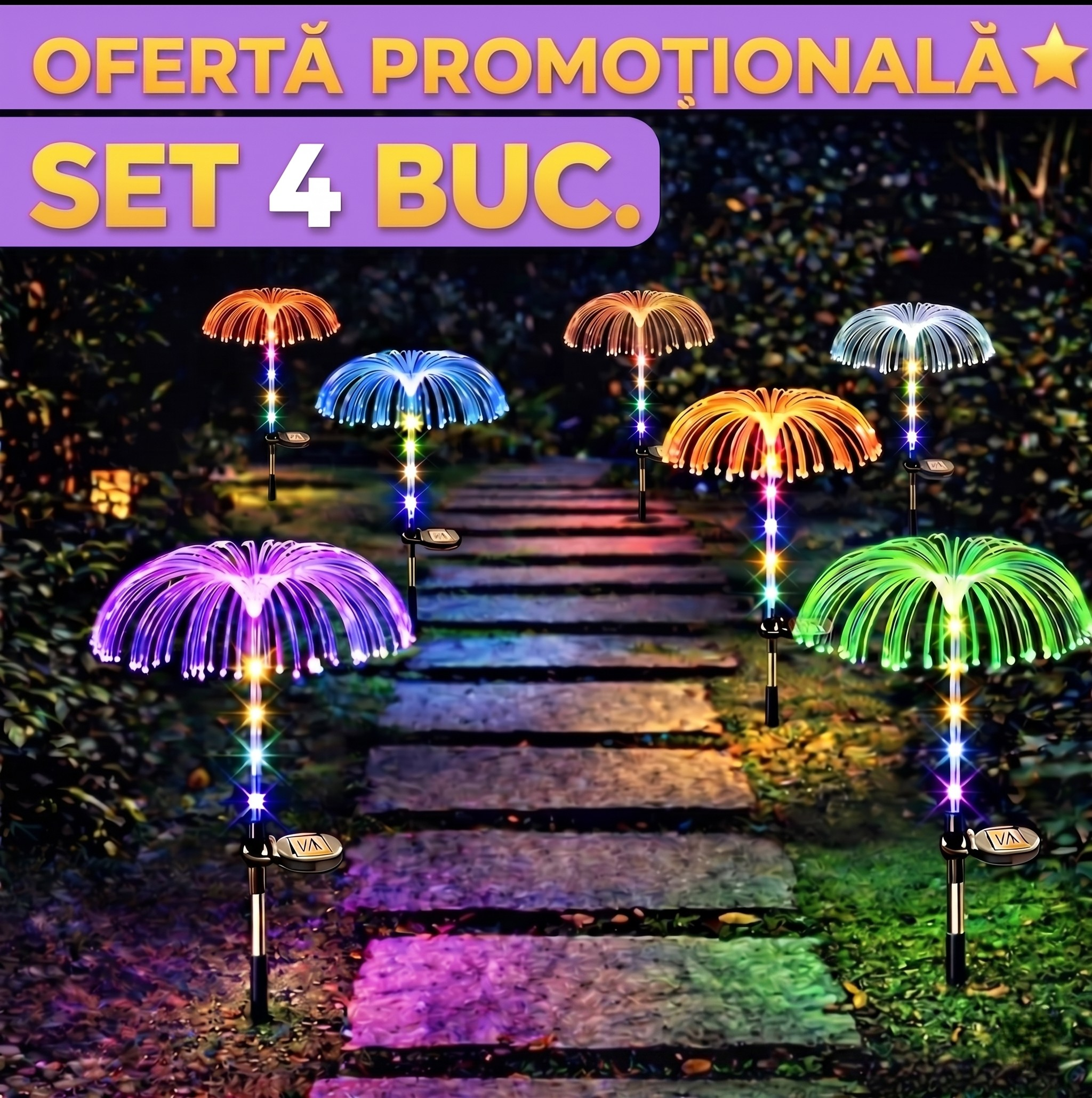 Set 4 Lămpi Solare LED Tip Palmier RGB - Iluminat Decorativ In Grădină