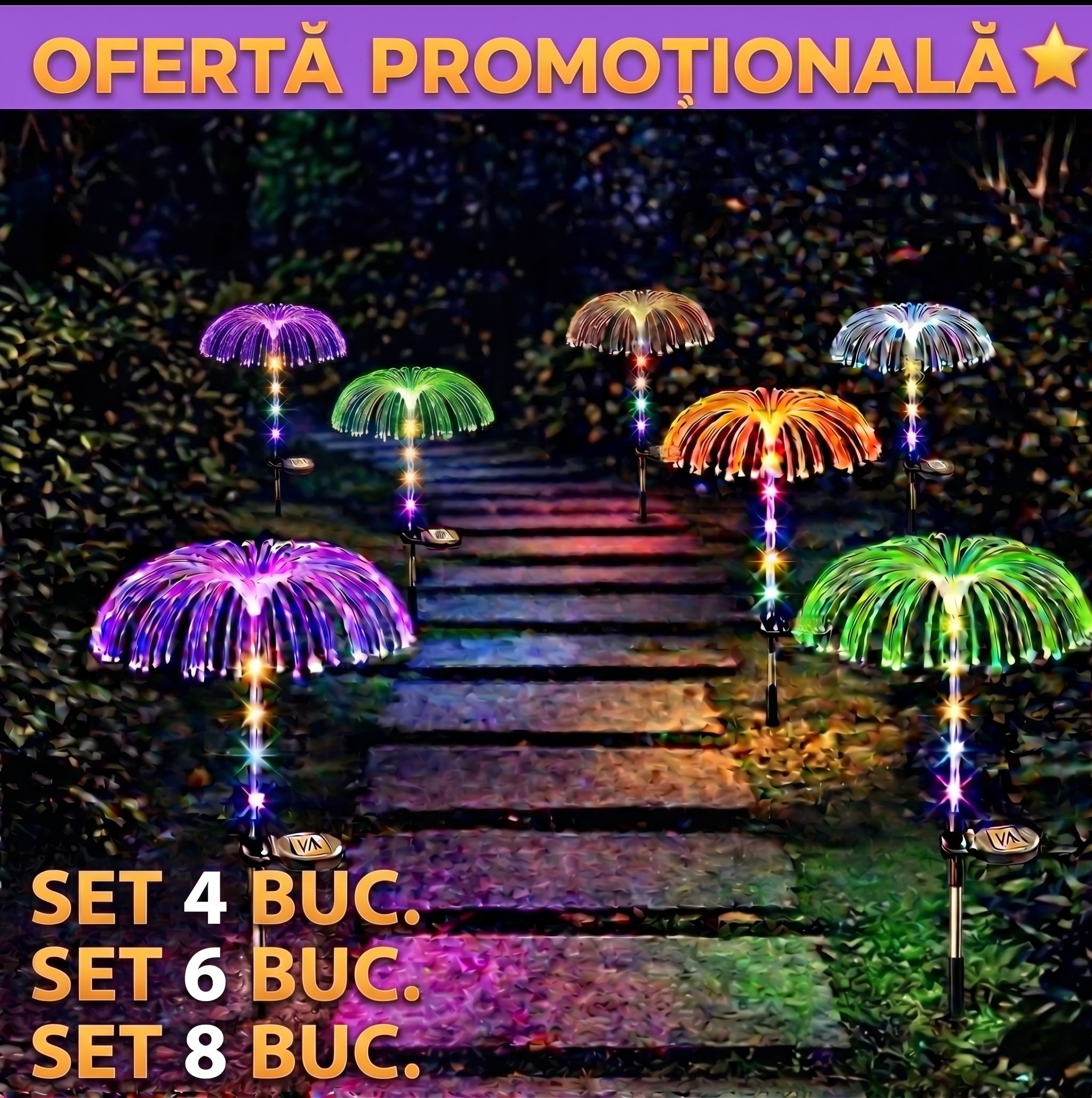 Set 4 Lămpi Solare LED Tip Palmier RGB - Iluminat Decorativ In Grădină