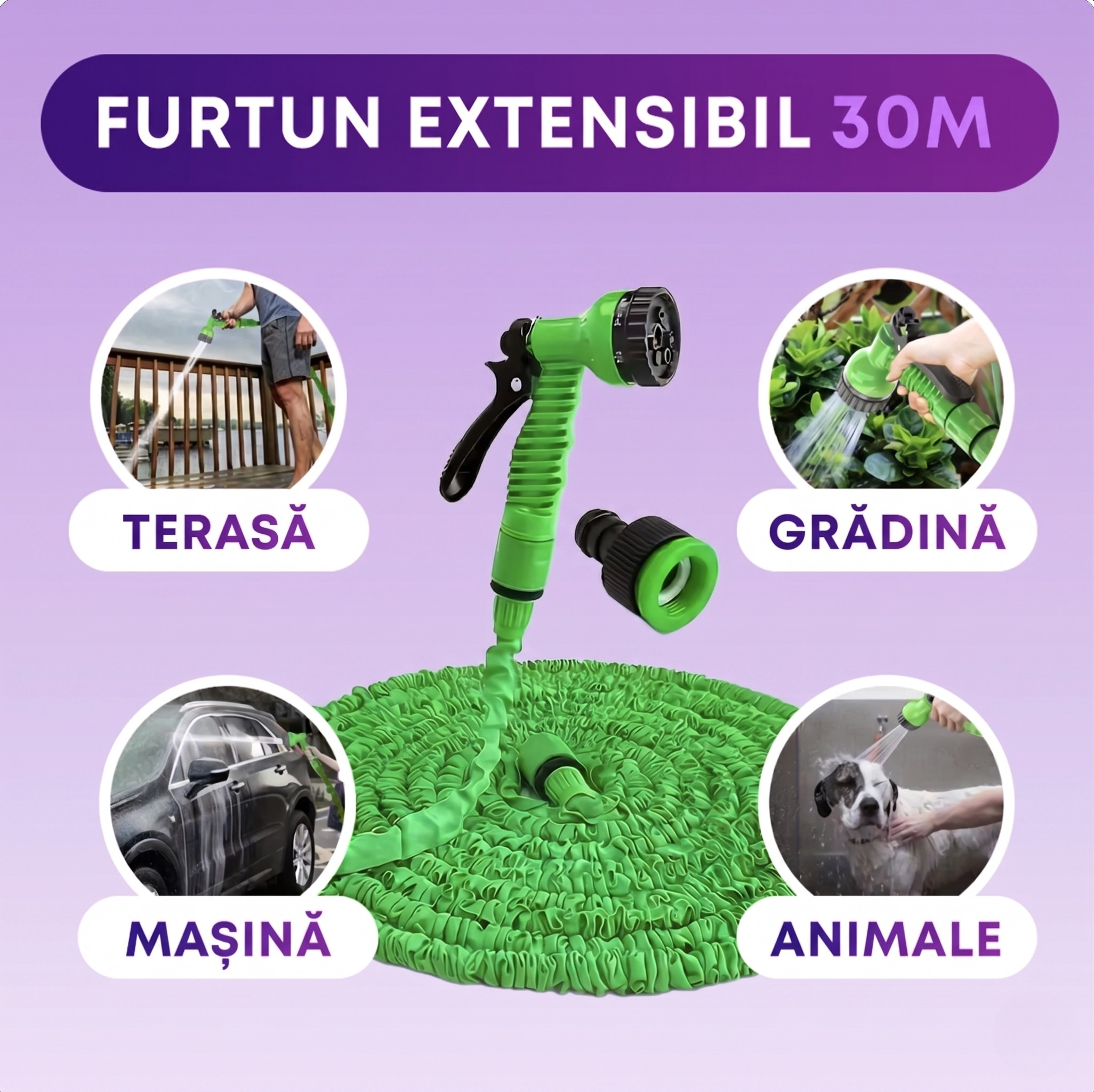 Furtun de grădină extensibil 30 m, cu pistol multifuncțional cu 7 tipuri de jet – soluția practică și ușoară pentru udarea grădinii și curățarea mașinii.