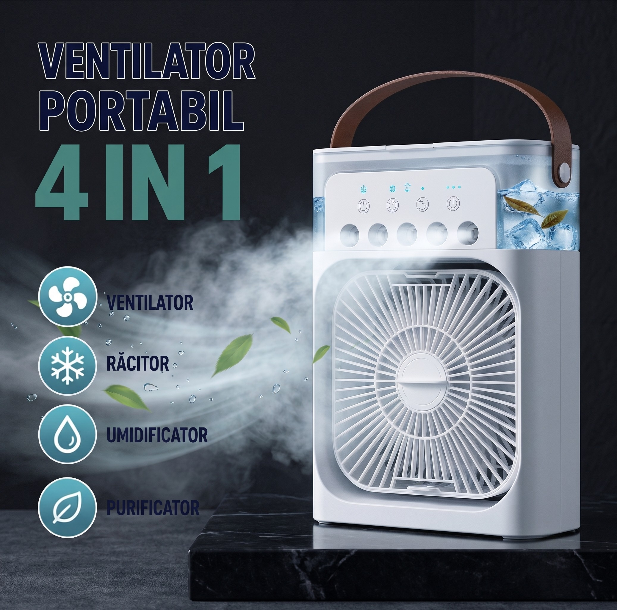 🎁 1+1 GRATIS! Ventilator Portabil 4 în 1 – răcire, ventilare, umidificare și purificare într-un singur dispozitiv. Compact, practic și perfect pentru zilele călduroase! 🔥