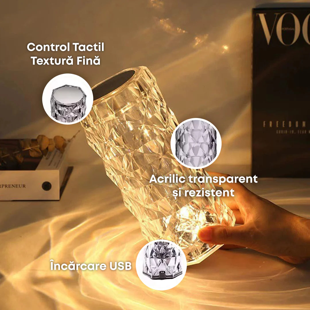 1+1 GRATUIT Lampă LED ambientală tip cristal, 16 culori, control touch și telecomandă.